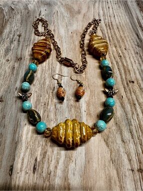 Hand Crafted Bumble Beehive Beaded Necklace and Earrings